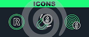 Set line Target with dollar symbol, Registered Trademark and Magnet money icon. Vector