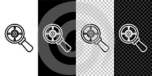 Set line Target financial goal concept with magnifying glass icon isolated on black and white, transparent background