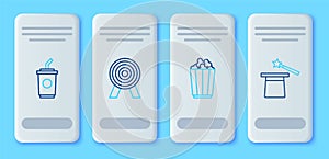 Set line Target, Popcorn in box, Paper glass with water and Magic hat and wand icon. Vector