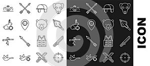 Set line Target sport for shooting competition, Hunter knife, Hipster arrow tip, hat, place, rabbit with crosshairs