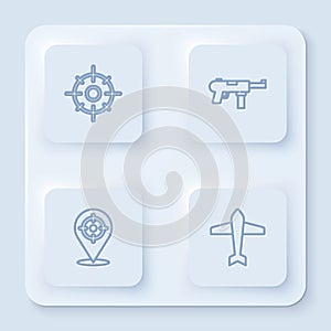 Set line Target sport, Submachine gun M3, and Jet fighter. White square button. Vector photo