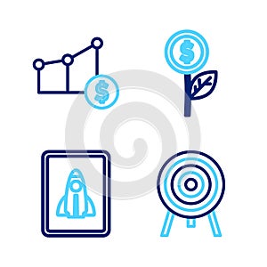 Set line Target, Startup project concept, Dollar plant and Pie chart and dollar icon. Vector