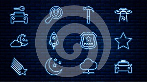 Set line Taxi car, Star, Hammer, Rocket ship with fire, Cloud moon and stars, Car rental, Police badge and Search