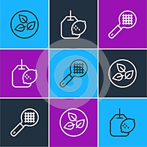 Set line Tea leaf, strainer with handle and bag lemon icon. Vector