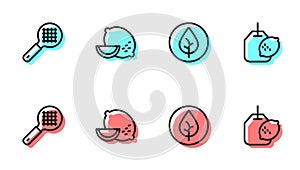 Set line Tea leaf, strainer with handle, Lemon and bag lemon icon. Vector