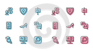 Set line Teacher, Dating app, Microphone, Male gender, Woman shoe, Gender equality, and shield, Female icon. Vector