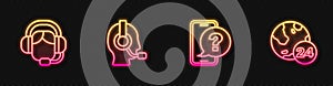 Set line Telephone 24 hours support, Woman with a headset, Man and . Glowing neon icon. Vector