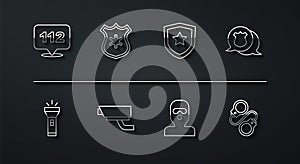 Set line Telephone call 112, Flashlight, Police badge, Thief mask, Security camera, Handcuffs and icon. Vector