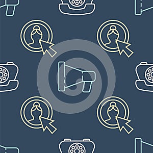 Set line Telephone, Create account screen and Megaphone on seamless pattern. Vector