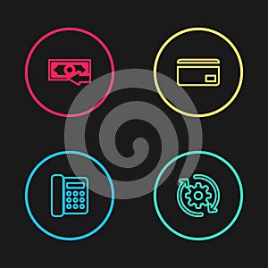 Set line Telephone, Gear and arrows as workflow, Credit card and Cash back icon. Vector