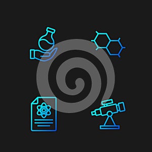 Set line Telescope, Chemistry report, Test tube and Chemical formula. Gradient color icons. Vector