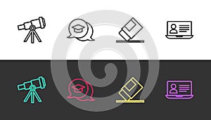 Set line Telescope, Graduation cap in speech bubble, Eraser or rubber and Online class on black and white. Vector