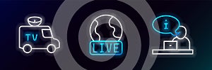 Set line Television report, TV News car and Live icon. Glowing neon. Vector