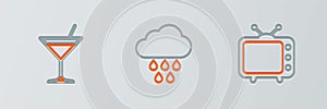 Set line Television tv, Martini glass and Cloud with rain icon. Vector
