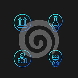 Set line Temperature wash, Leaf Eco symbol, and Test tube and flask. Gradient color icons. Vector