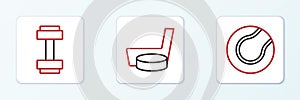 Set line Tennis ball, Dumbbell and Ice hockey stick and puck icon. Vector