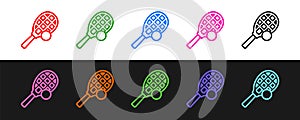 Set line Tennis racket with ball icon isolated on black and white background. Sport equipment. Vector
