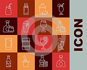 Set line Tequila bottle, Champagne and glass, Whiskey, Cocktail shaker with lime, Glass of beer, and Wine icon. Vector