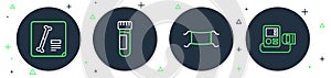 Set line Test tube with blood, Medical protective mask, X-ray shots and Blood pressure icon. Vector