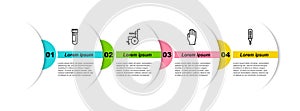 Set line Test tube with blood, Wheelchair for disabled person, Medical rubber gloves and digital thermometer. Business infographic