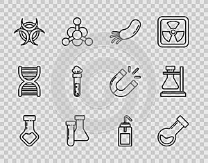 Set line Test tube and flask chemical, Bacteria, Biohazard symbol, Laboratory wash bottle and on stand icon. Vector