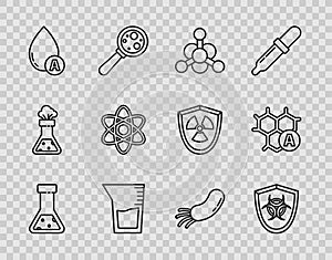 Set line Test tube and flask chemical, Biohazard symbol on shield, Bacteria, Laboratory glassware or beaker, Water drop