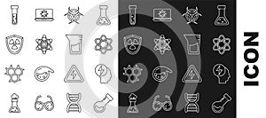 Set line Test tube and flask chemical, Head electric symbol, Atom, Biohazard, Radioactive in shield, and Laboratory