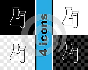 Set line Test tube and flask chemical laboratory test icon isolated on black and white, transparent background