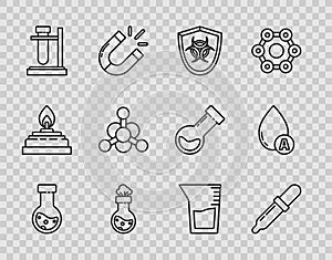 Set line Test tube and flask chemical, Pipette, Biohazard symbol on shield, stand, Bacteria, Laboratory glassware or