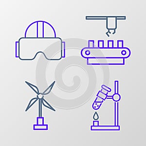 Set line Test tube flask on fire, Wind turbine, Factory conveyor system belt and Virtual reality glasses icon. Vector