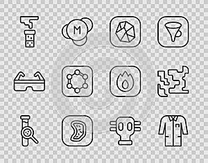 Set line Test tube and flask, Laboratory uniform, Salt stone, Bacteria, Formula of benzene rings, Gas mask and Gaseous