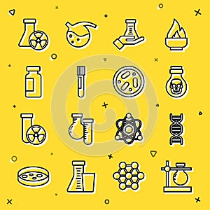 Set line Test tube flask on stand, DNA symbol, Poison in bottle, radiation and Petri dish with bacteria icon. Vector