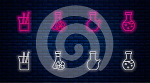 Set line Test tube with toxic liquid, Laboratory glassware and . Glowing neon icon on brick wall. Vector