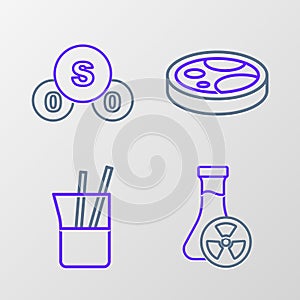 Set line Test tube with toxic liquid, Laboratory glassware, Petri dish bacteria and Sulfur dioxide SO2 icon. Vector