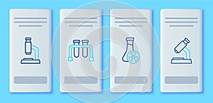 Set line Test tube, with toxic liquid, Microscope and icon. Vector