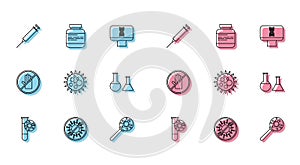 Set line Test tube with virus, Stop, Syringe, Virus under magnifying glass, and flask, No handshake and Medicine bottle