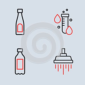 Set line Test tube with water drop, Bottle of, Shower and icon. Vector