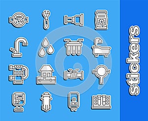 Set line Test tube with water drop, Filter wrench, Bathtub, Pipe adapter, Water, tap, meter and filter icon. Vector