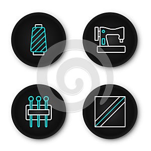 Set line Textile fabric roll, Needle for sewing, Sewing machine and thread on spool icon. Vector