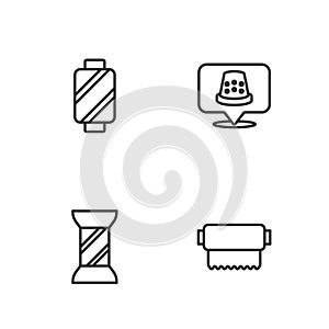 Set line Textile fabric roll, Sewing thread on spool, and Thimble for sewing icon. Vector