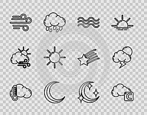 Set line Thermometer and cloud, Celsius, Waves, Moon stars, Wind, Sun, and Storm icon. Vector