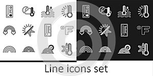 Set line Thermometer with snowflake, Fahrenheit, Water thermometer, Sun and, Rainbow heart, Meteorology, and cloud, moon