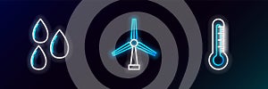 Set line Thermometer, Water drop and Wind turbine icon. Glowing neon. Vector