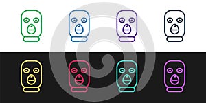 Set line Thief mask icon isolated on black and white background. Bandit mask, criminal man. Vector