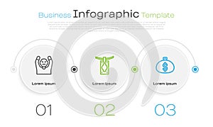 Set line Thief surrendering hands up, Money laundering and bag. Business infographic template. Vector