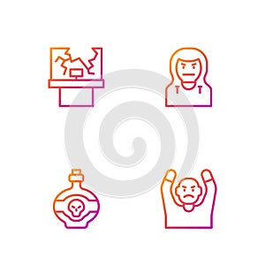 Set line Thief surrendering hands up, Poison bottle, Broken window and mask. Gradient color icons. Vector