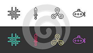 Set line Tic tac toe game, Sword toy, Fidget spinner and Submarine on black and white. Vector