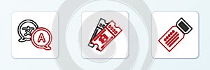Set line Ticket, Translator and Bus ticket icon. Vector