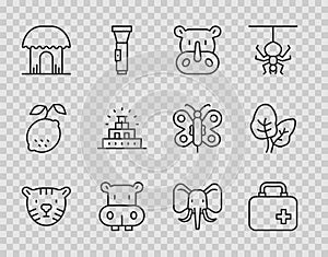 Set line Tiger head, First aid kit, Rhinoceros, Hippo or Hippopotamus, African hut, Chichen Itza Mayan, Elephant and