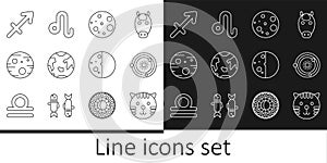 Set line Tiger zodiac, Solar system, Moon, Planet Earth, Mars, Sagittarius, Eclipse of the sun and Leo icon. Vector